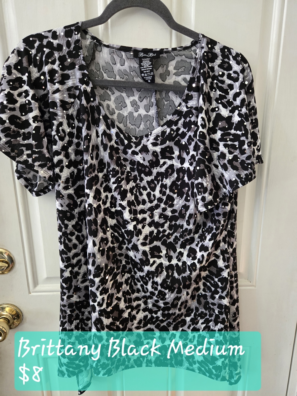 Brittany Black Black and White Leopard Print Flutter Sleeve Top